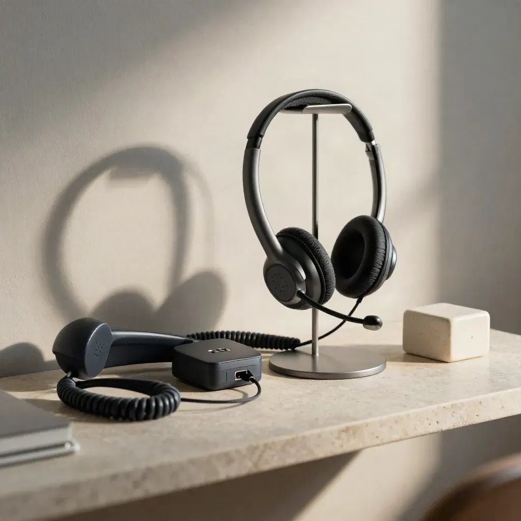 Headset, handset, speaker puck, cable and ceramic block on a stone shelf in soft side light.