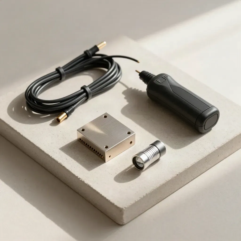 Overhead flatlay of cable tester, fiber module, external drive, and flashlight on stone tray.
