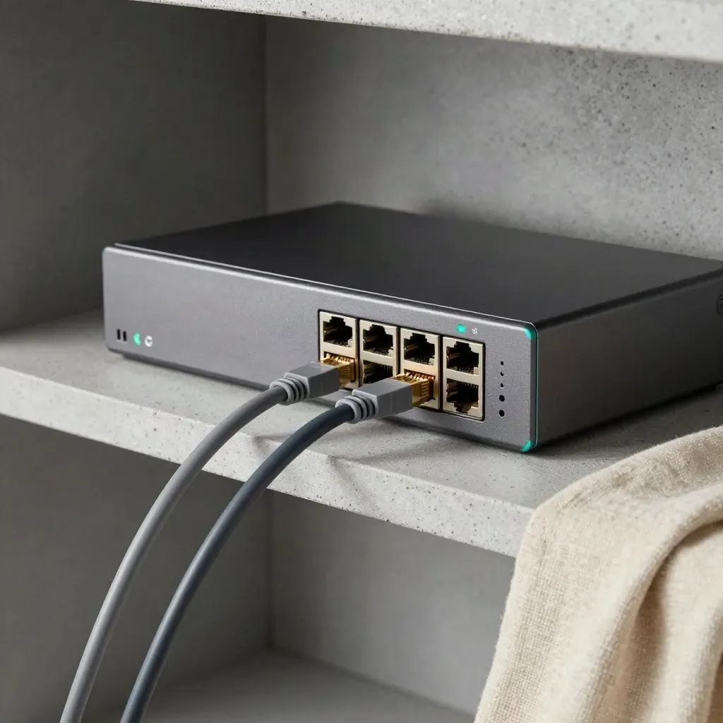 Firewall, patch cords and power strip on a concrete shelf, lit by cool side light.