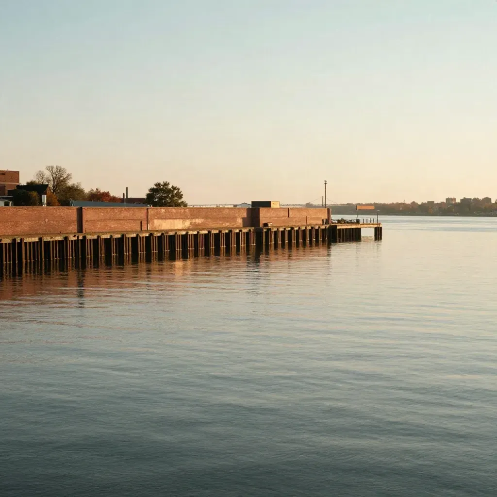 Golden-hour Delaware Valley waterfront with Wilmington brick shore, calm river and distant bridge silhouette.
