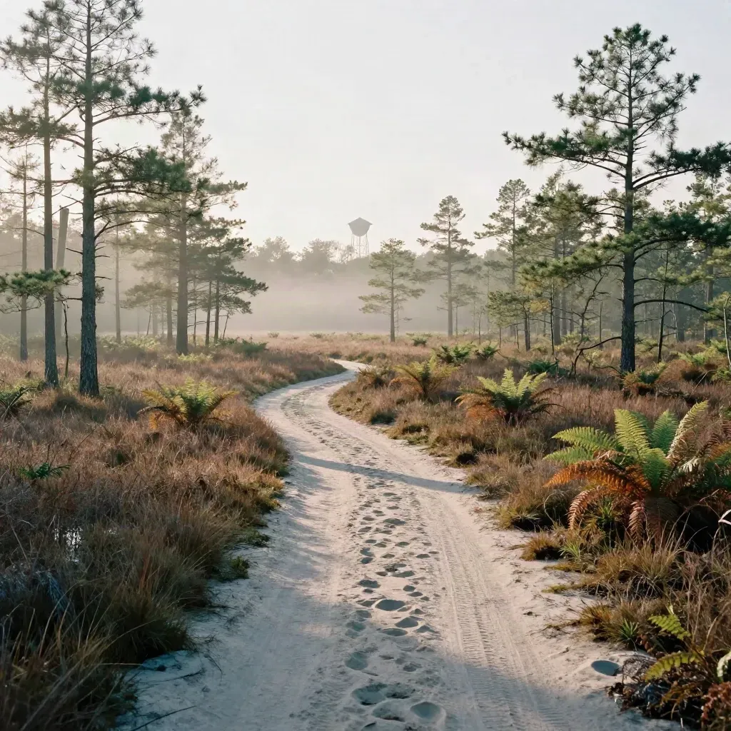 Foggy South Jersey cedar swamp with sand track and distant water tower at dawn