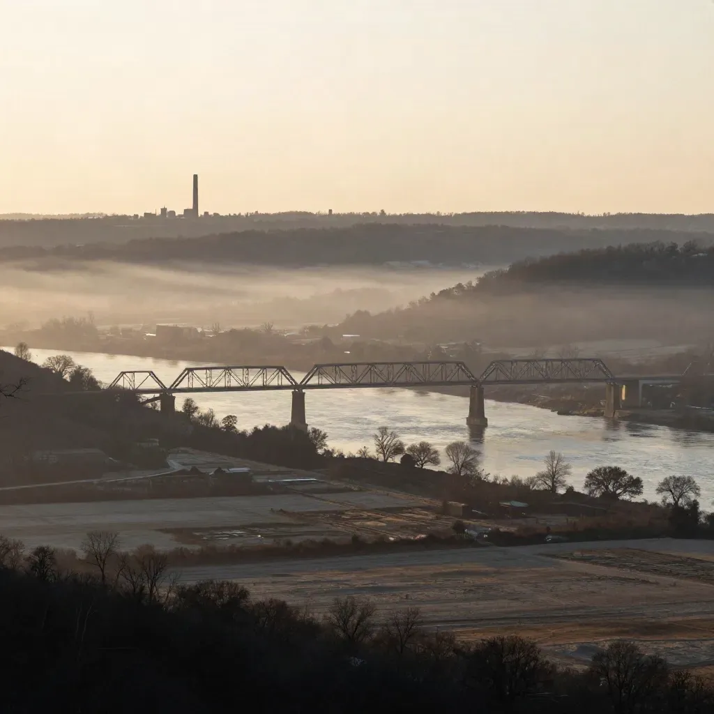 Hazy Lehigh Valley overlook with bridge silhouette and industrial ridge above a calm river plain.