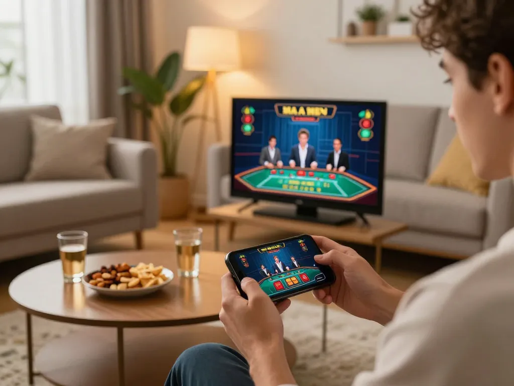 Engaging in kp88 đăng ký while enjoying a live dealer baccarat game on smartphone in a cozy home setting.
