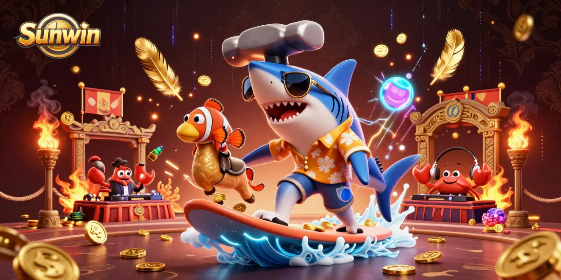 Engage in thrilling gameplay with Sunwin as a shark aims for gold coins amidst casino action.