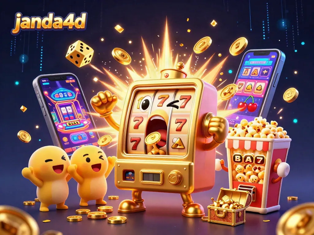 JANDA4D mesin slot yang menyerang jackpot dengan koin berlimpah dan reaksi terkejut di dalam ilustrasi 3D.