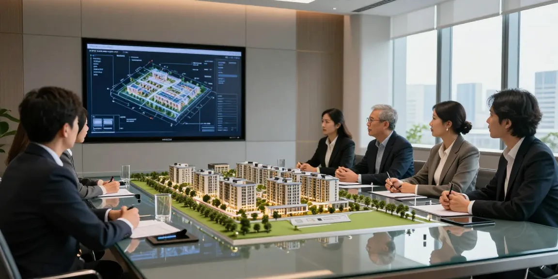 Real estate models displayed in a modern conference room setup during a collaborative meeting.
