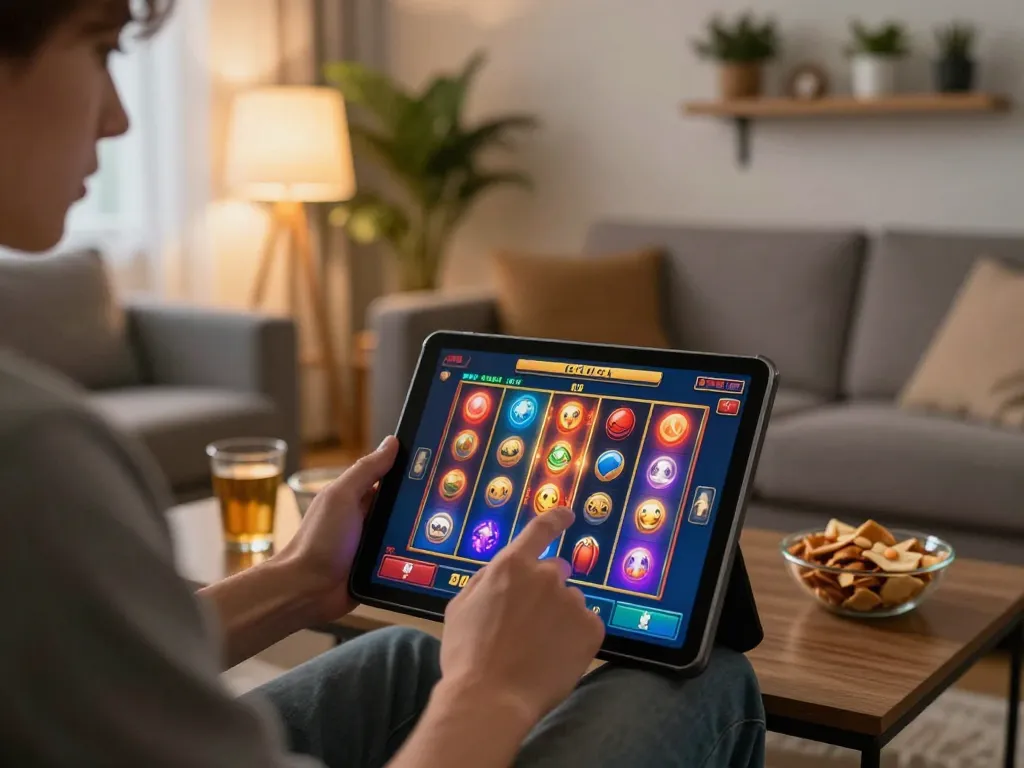 Engaged player enjoying garuda slot gameplay on a tablet in a cozy living room setting.