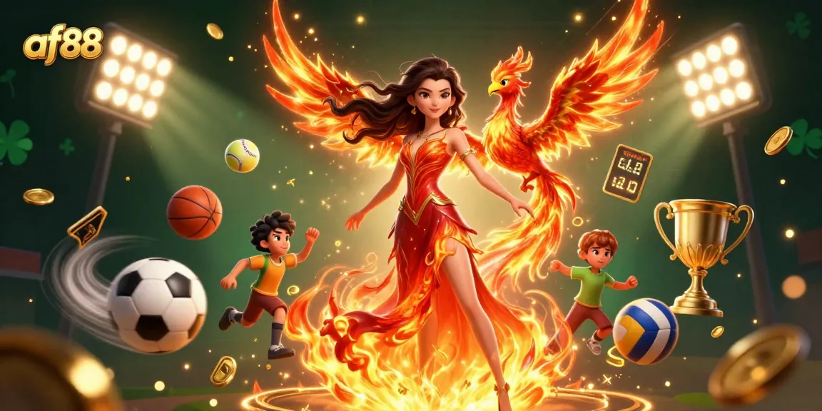 Enjoy thrilling betting action with af88's dynamic gaming scene featuring sports elements and vibrant characters.