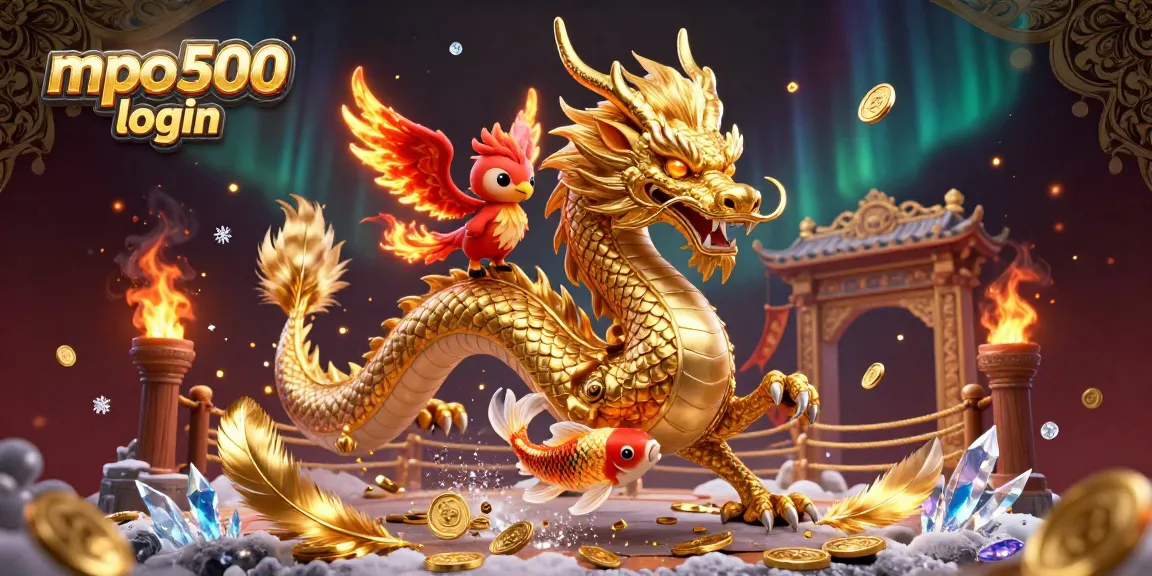 Engage with mpo500 login amidst a vibrant illustration of a dragon, phoenix, and koi fish in a dazzling treasure scene.