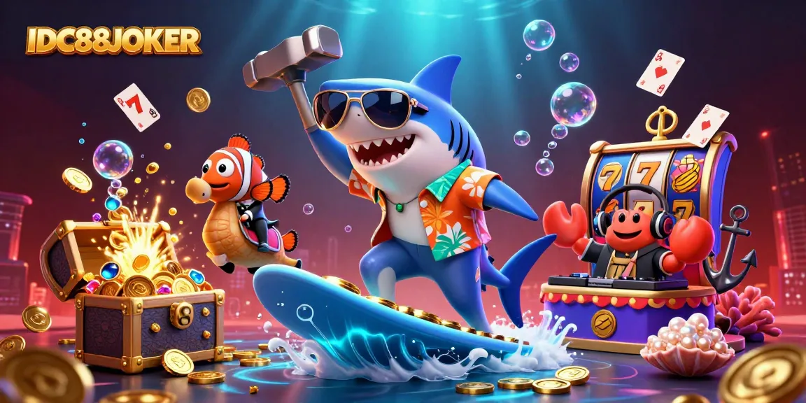 Experience the excitement of IDC88JOKER as the hammer-head shark surfs on gold coins, immersing you in casino adventure.