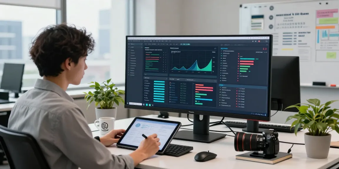 AI detector dashboard in a modern workspace with a data analyst tracking content moderation metrics.