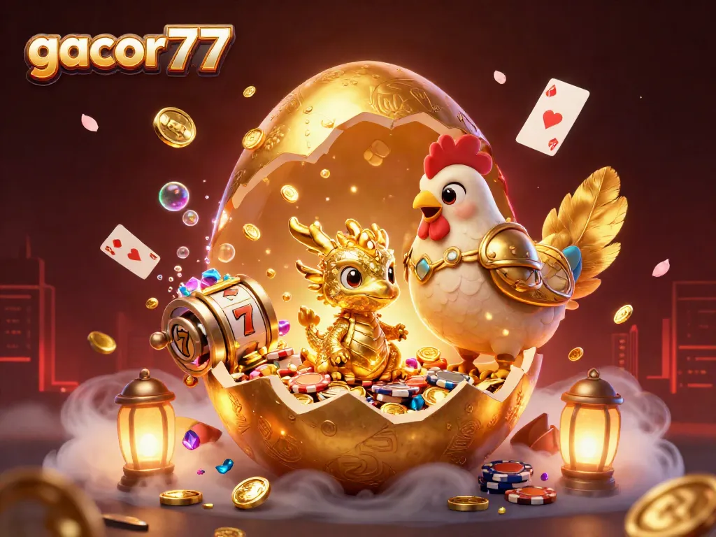 Gacor77 menghadirkan ilustrasi kasino dengan naga emas dan chip poker di latar belakang megah.