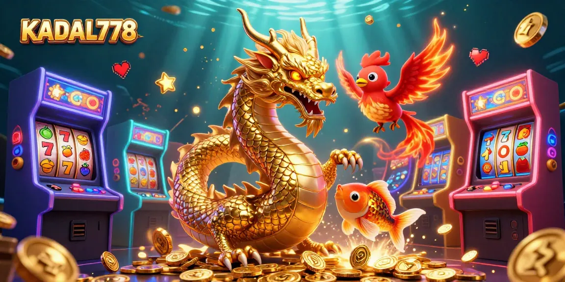 KADAL778 showcases a fierce dragon and phoenix in a lively casino scene filled with games and gold.