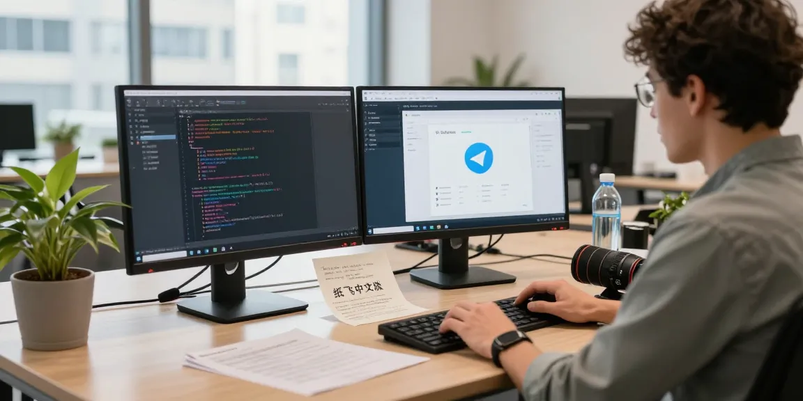 Person using the 纸飞机中文版 interface on a dual monitor setup in a bright tech office environment.
