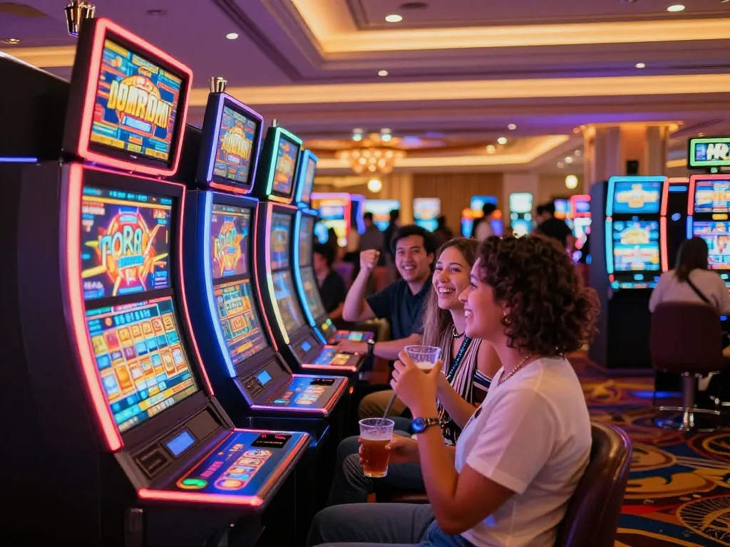 uu88 players celebrating wins at vibrant slot machine area in luxurious casino