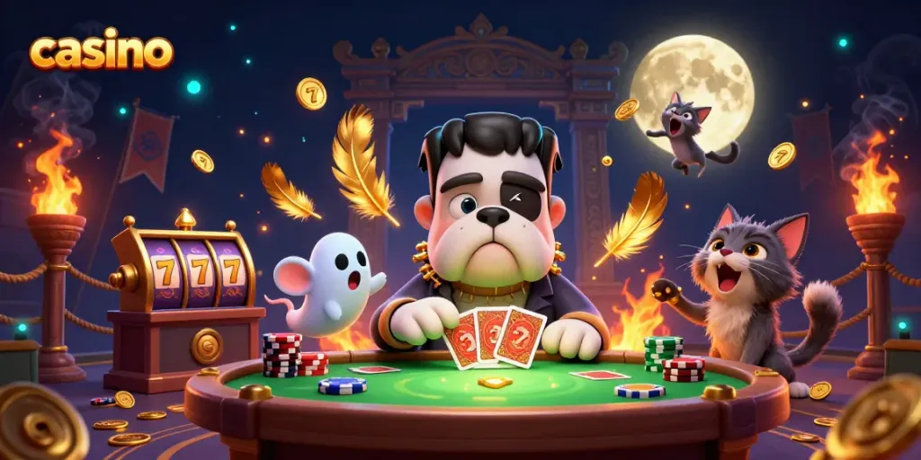 Experience a thrilling online casino adventure with a playful bulldog dealer and spooky elements.