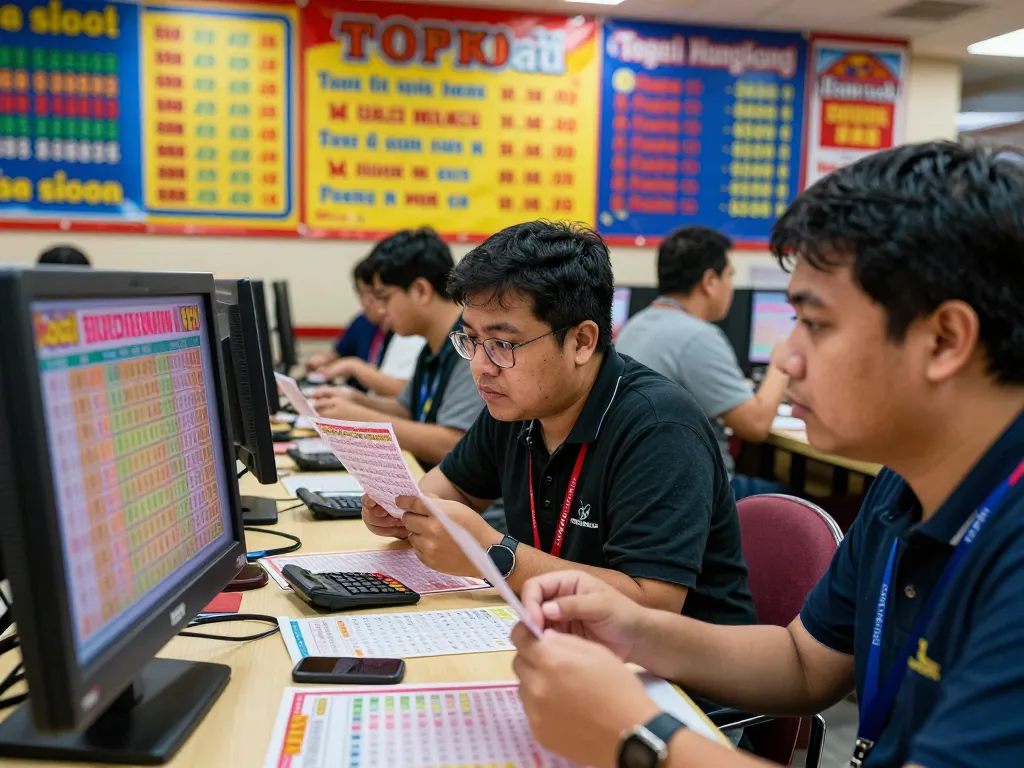 Togel Hongkong players eagerly watching lottery results at a vibrant betting center.