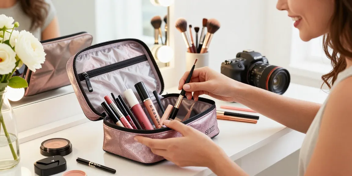 Organizing Skone Cosmetics signature makeup bag with vibrant lip liners and brow wands in a chic beauty studio.
