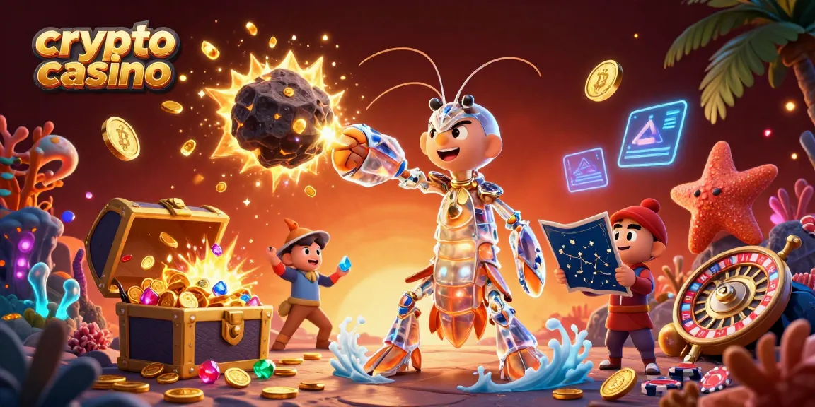 Illustration 3D d'un crypto casino avec des personnages de samouraï et étoile de mer, éclatant des gemmes et pièces d'or