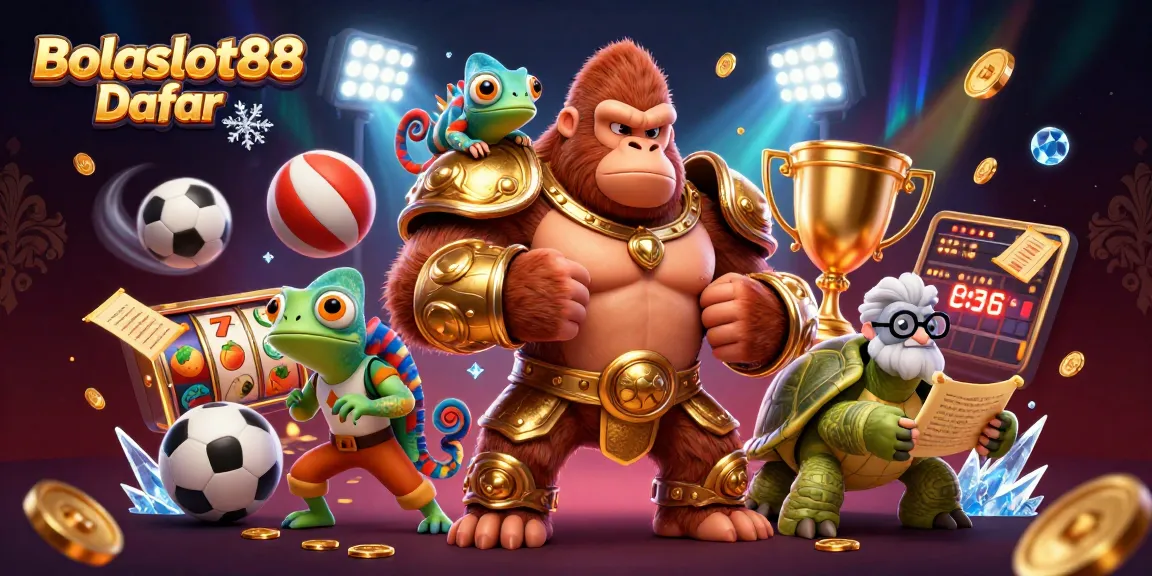 Bolaslot88 Daftar showcases thrilling gambling adventures featuring a king gorilla, chameleon, and tortoise.