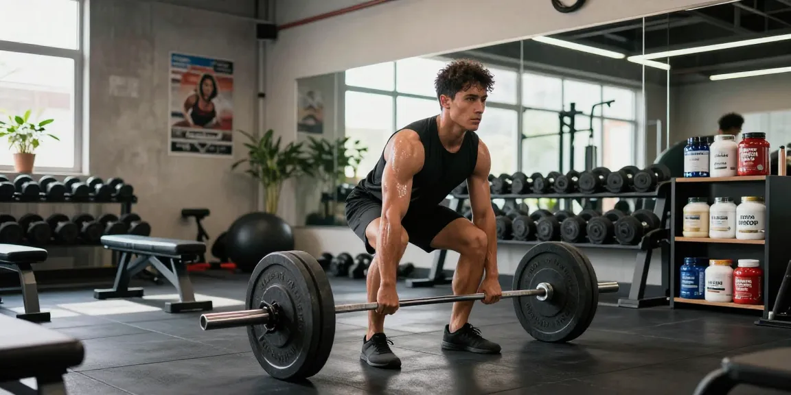 Athlete lifting weights in gym with Astera Shop supplements in view, showcasing dedication to fitness.