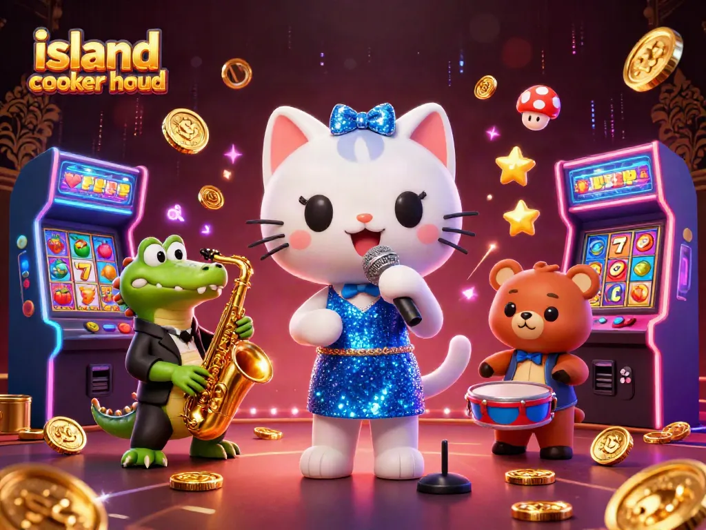 Engage with this vibrant island cooker hood scene featuring a jazzy cat, crocodile, and bear cub amidst casino game elements.