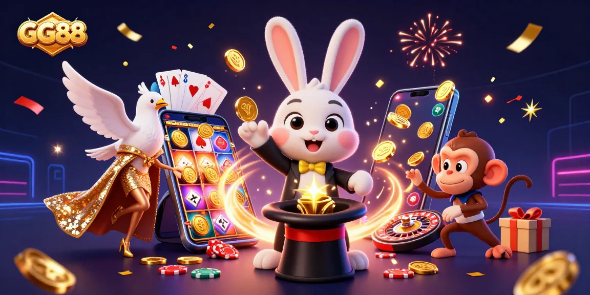 Engage with GG88's thrilling casino experience through a lively 3D illustration showcasing gaming excitement.
