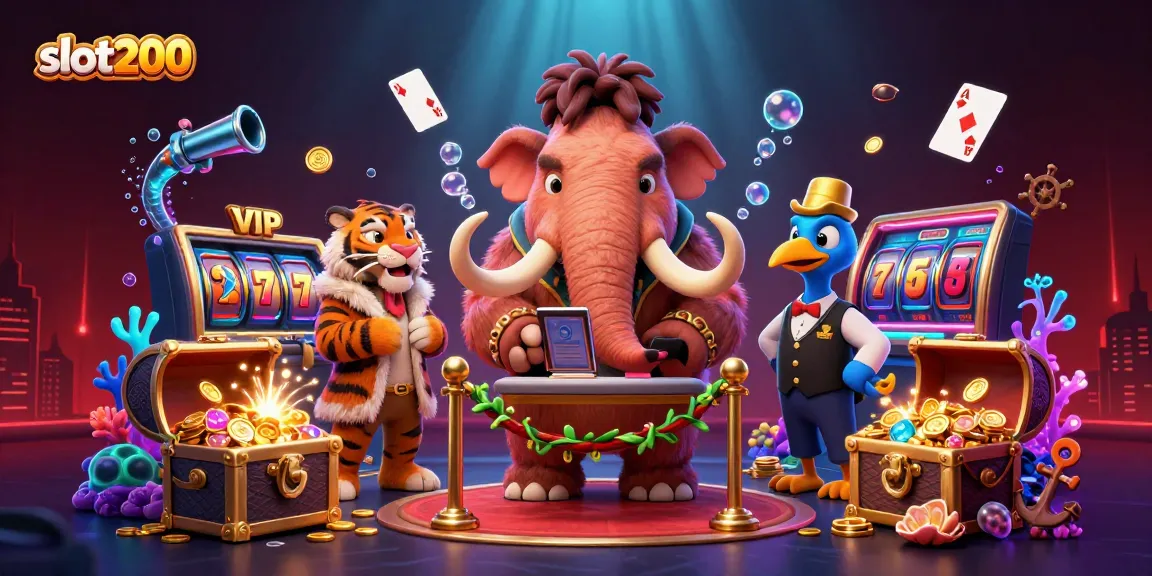Mainkan slot200 yang menarik dengan bouncer mamoth dan tamu VIP unik di kasino bertema.