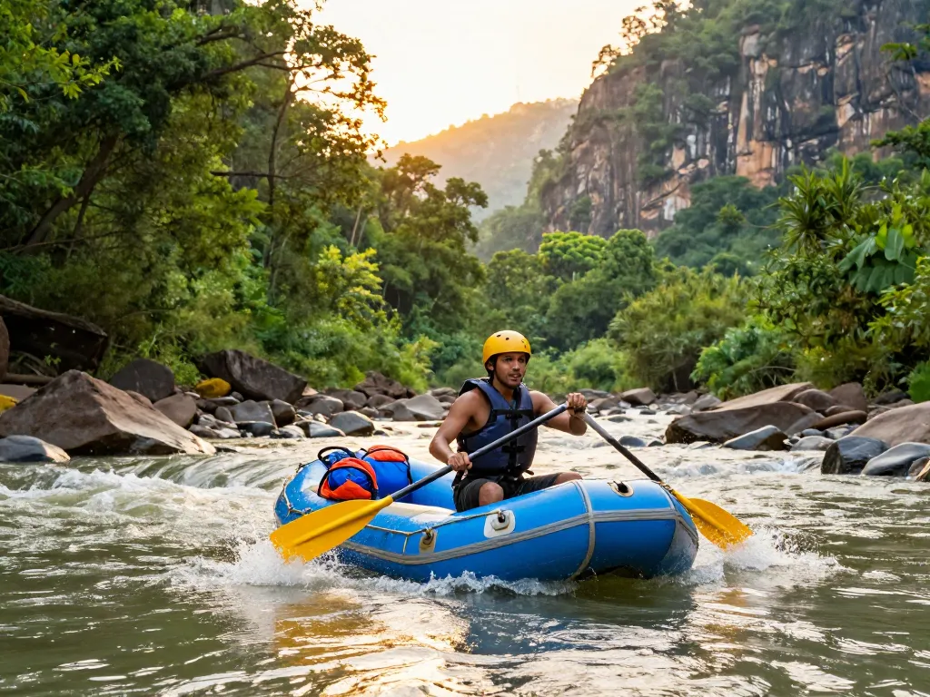 Dandeli river rafting adventure with lush forest backdrop and vibrant atmosphere.