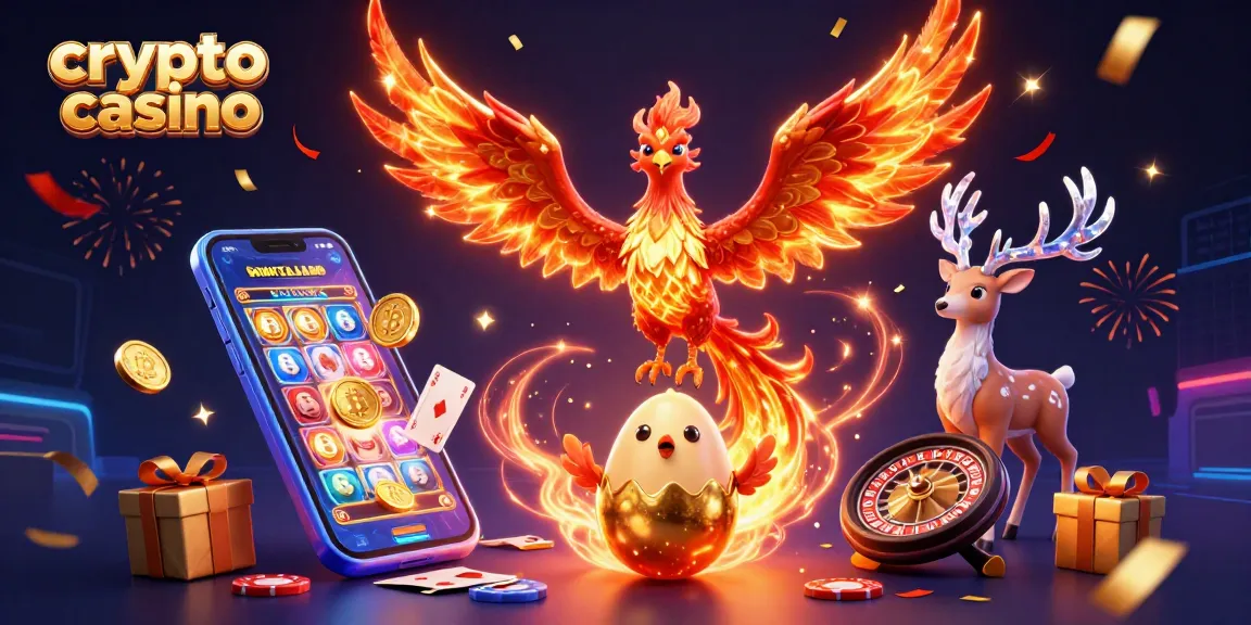 Découvrez une scène animée de crypto casino avec un phoenix ardent et des éléments de jeu captivants.