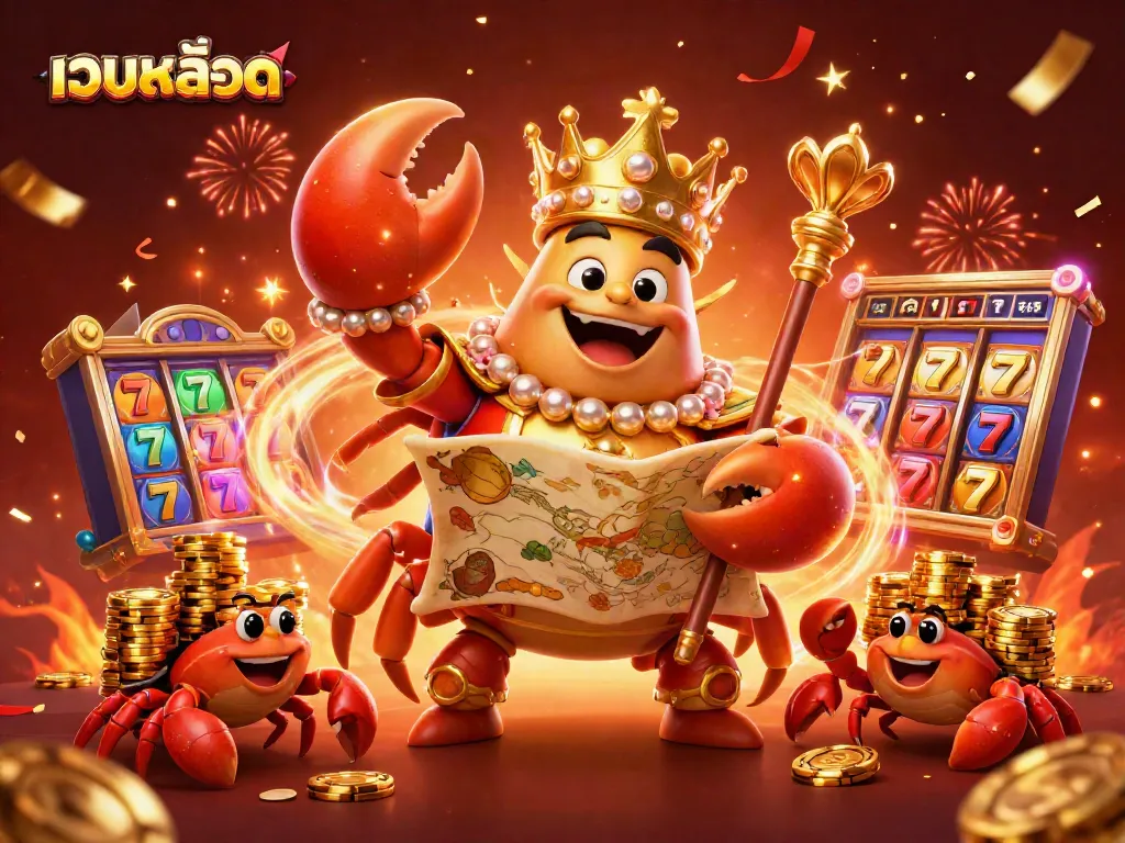 Experience thrilling เว็บสล็อต action with a golden crab emperor and vibrant slot reels in this casino-themed illustration.