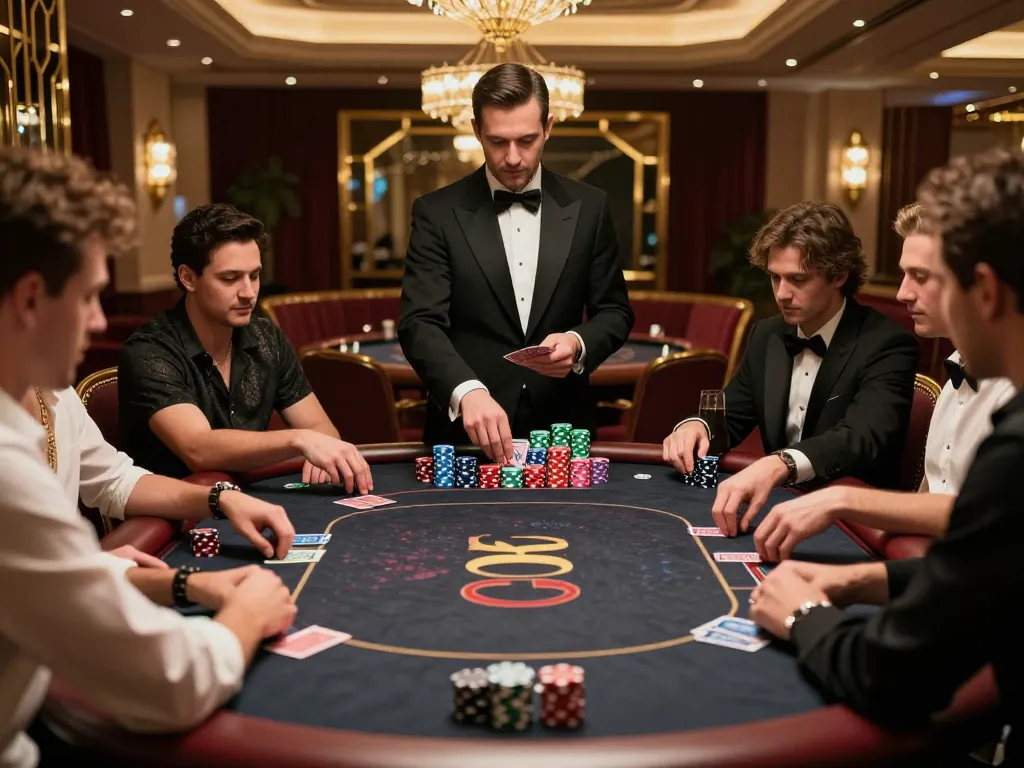 Players at an O8 poker table fiercely competing, showcasing a dynamic gambling atmosphere.