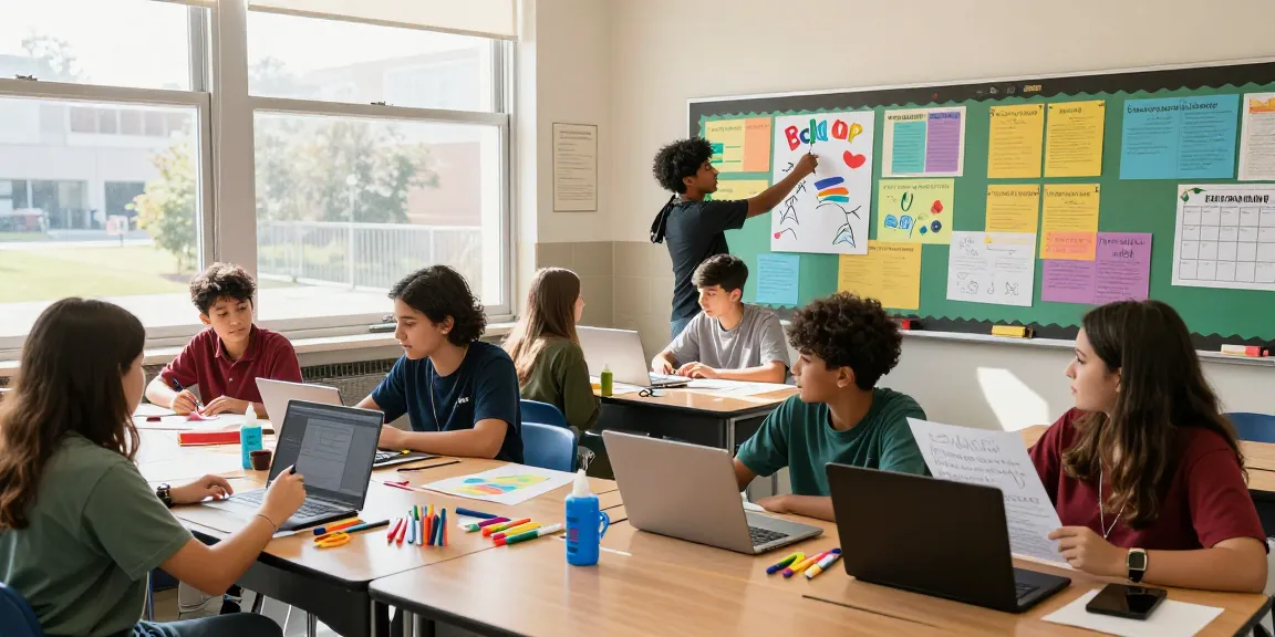 Engaged students using a Poster Maker For Schools in a colorful classroom