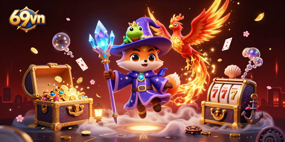 Experience the thrilling gameplay of 69vn with vibrant slot reels and magical characters in a dynamic 3D scene.