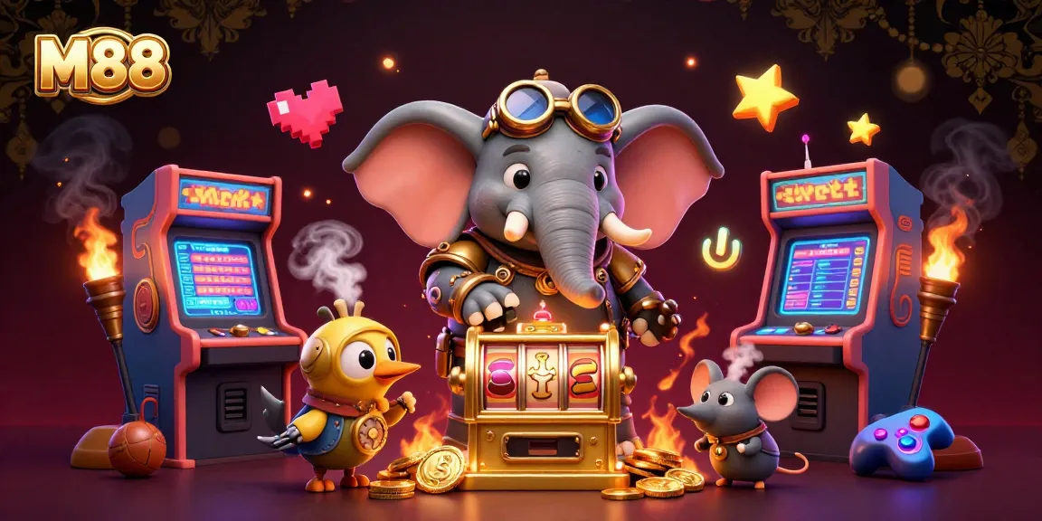 M88 engages players with a vibrant slot machine scene filled with retro game elements and steampunk characters.