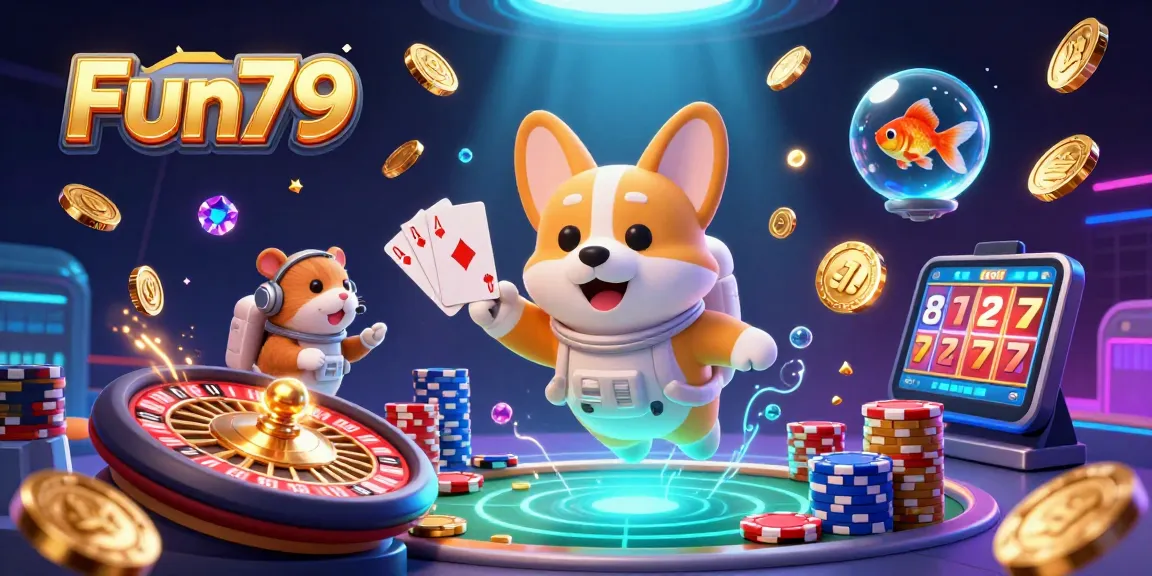 Experience thrilling gaming at Fun79 with a floating corgi astronaut amidst casino delights and sparkling treasures.