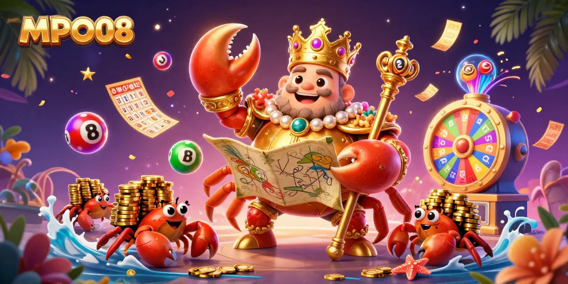 MPO08 showcases a vibrant casino-themed illustration with a golden crab emperor holding treasures and gaming elements.