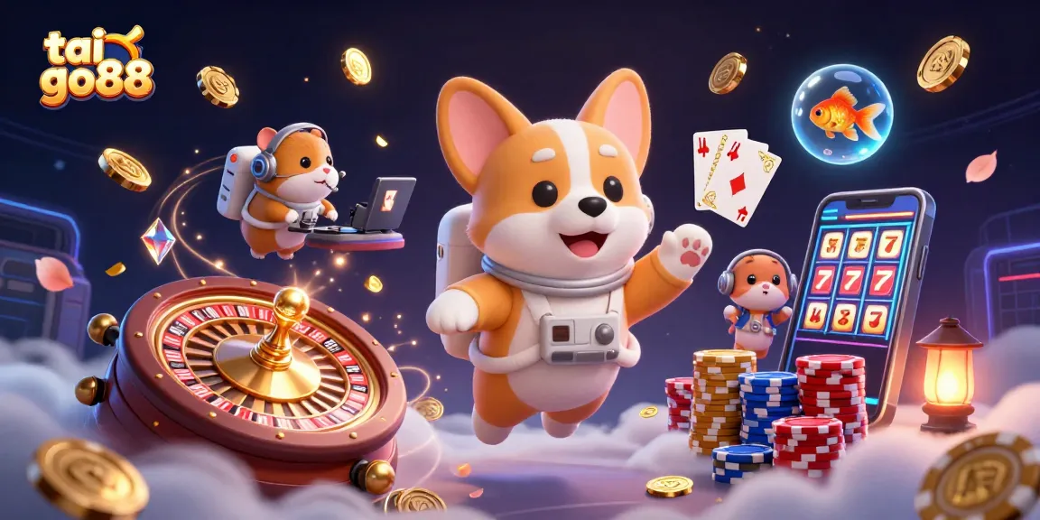 Experience exhilaration at tai go88 with an astronaut corgi in a cosmic casino scene filled with dazzling gaming elements.