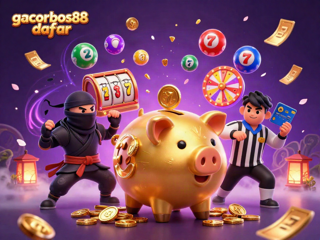 Engage with gacorbos88 daftar as golden coins rain down in this vibrant casino-themed digital illustration.