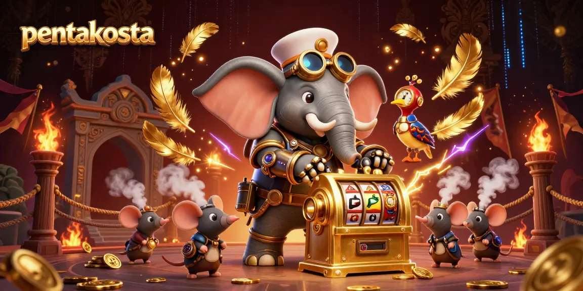 Pentakosta brings excitement with a vibrant illustration of a steampunk elephant operating a golden slot machine.