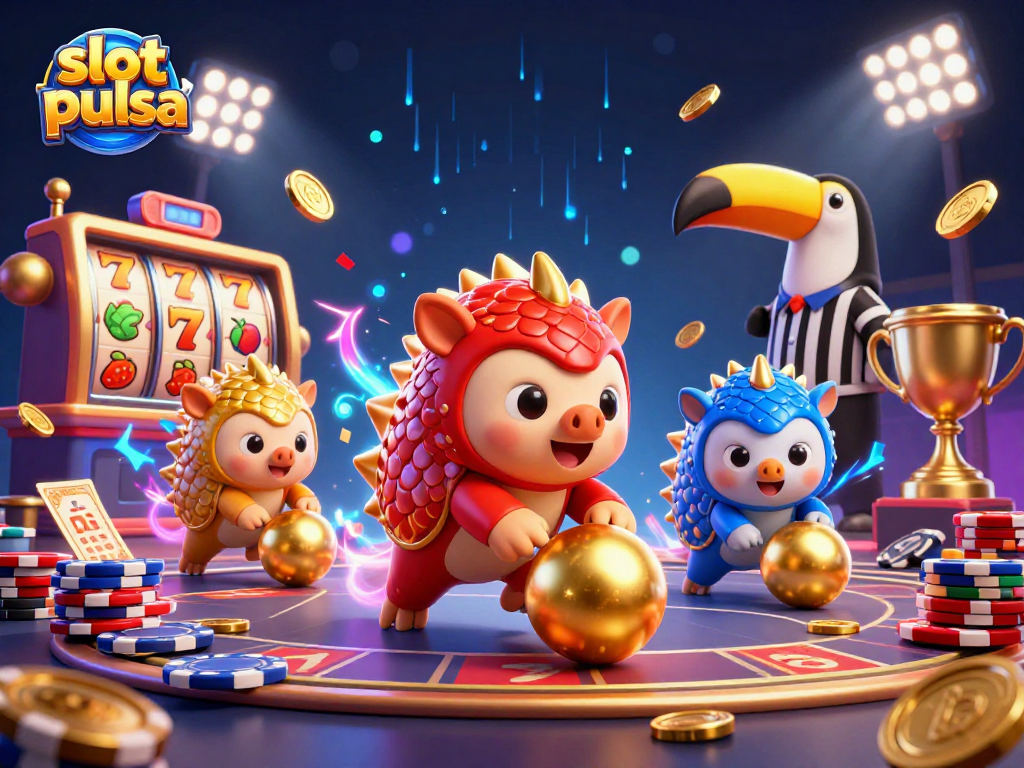 Experience thrilling action with slot pulsa as rival pangolins compete amidst poker chips and vibrant casino elements.