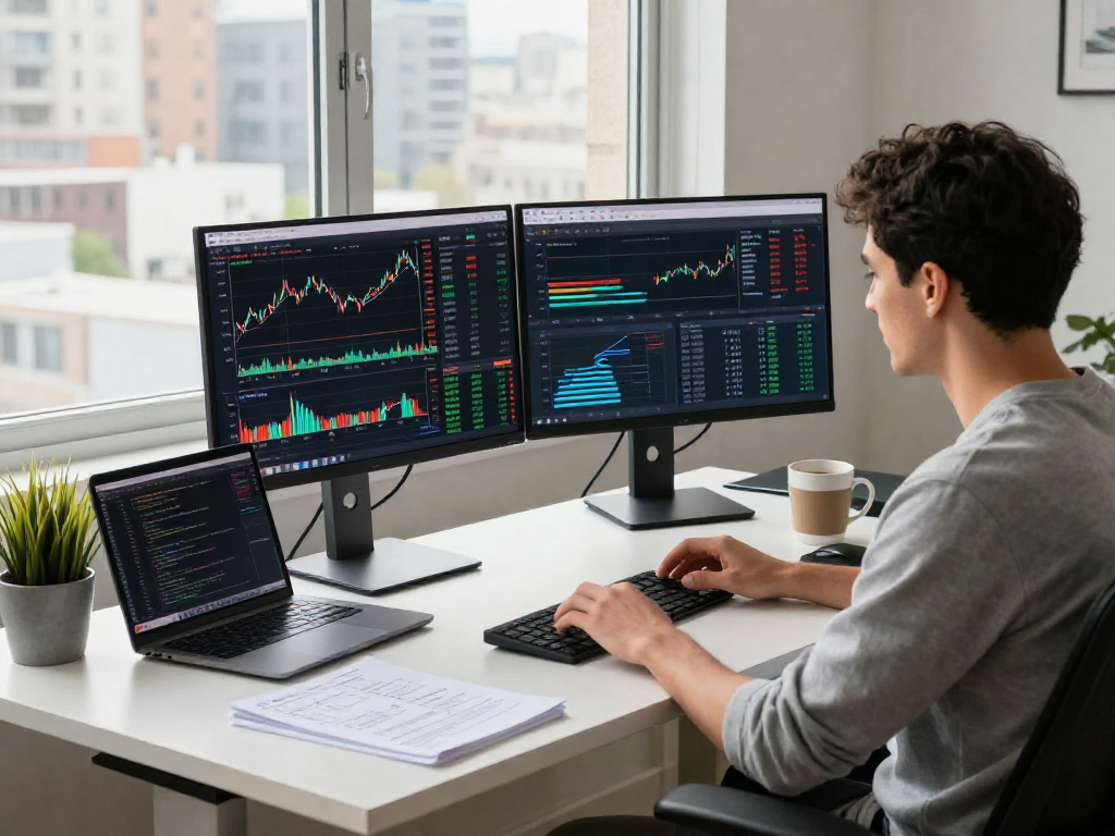 TradingView data analysis at a professional tech workspace with charts and coding.