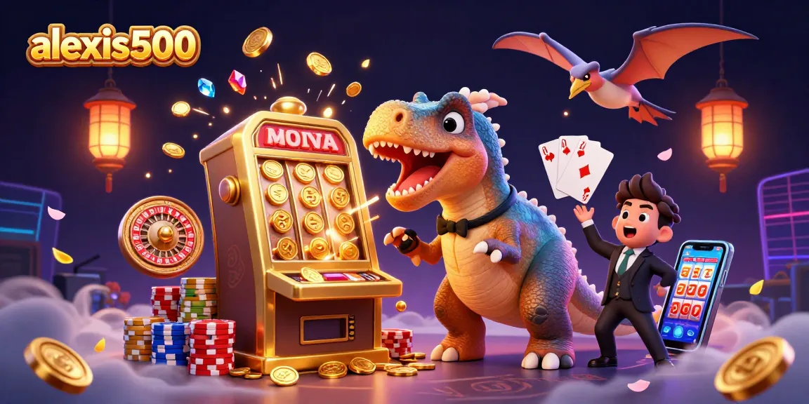 Experience an exhilarating jackpot with alexis500 as dinosaurs celebrate winning coins in a vibrant casino.