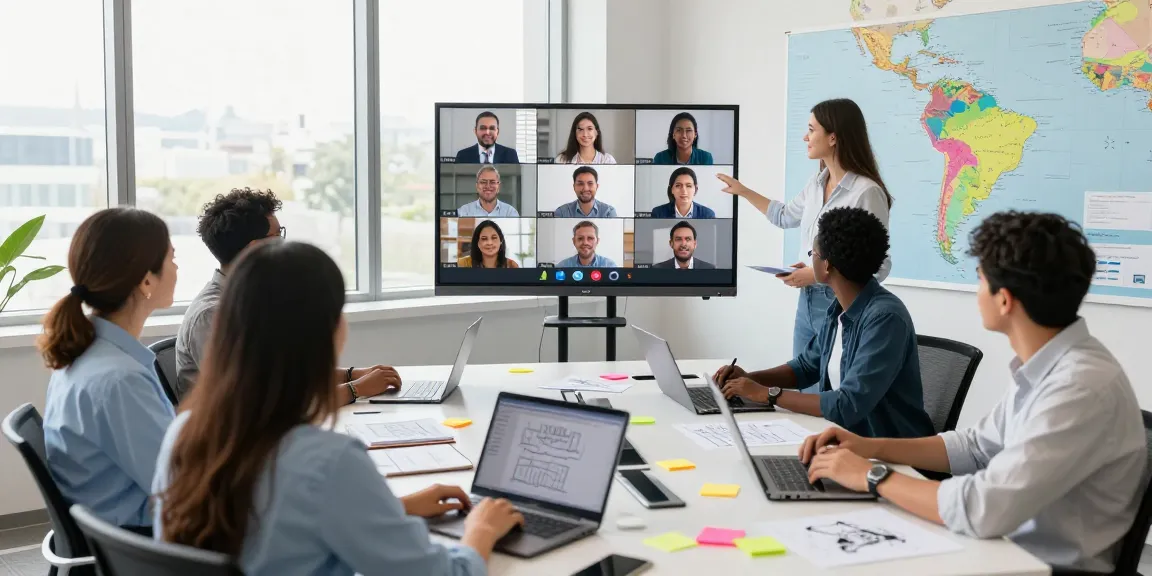 Hiring in Latin America for US companies: Diverse professionals collaborating in a modern office.