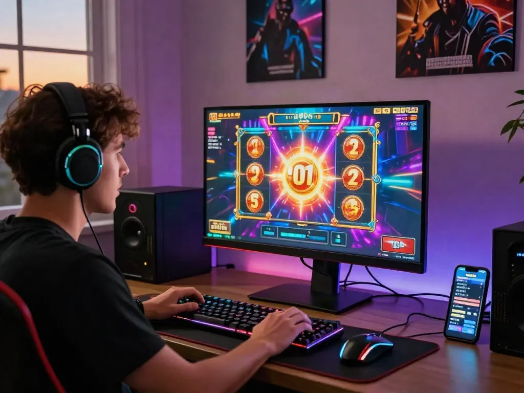 Player enjoying a slot jackpot game on desktop with colorful graphics and gaming setup.