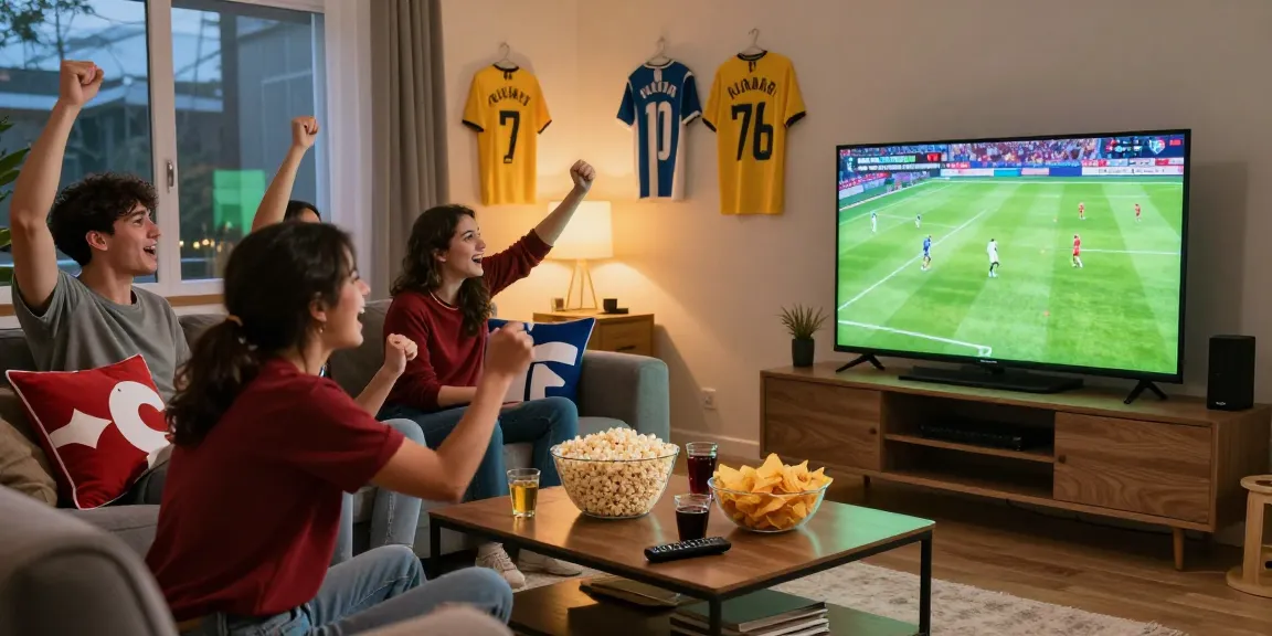 Friends enjoying kora live football match in a cozy living room, cheering with snacks.