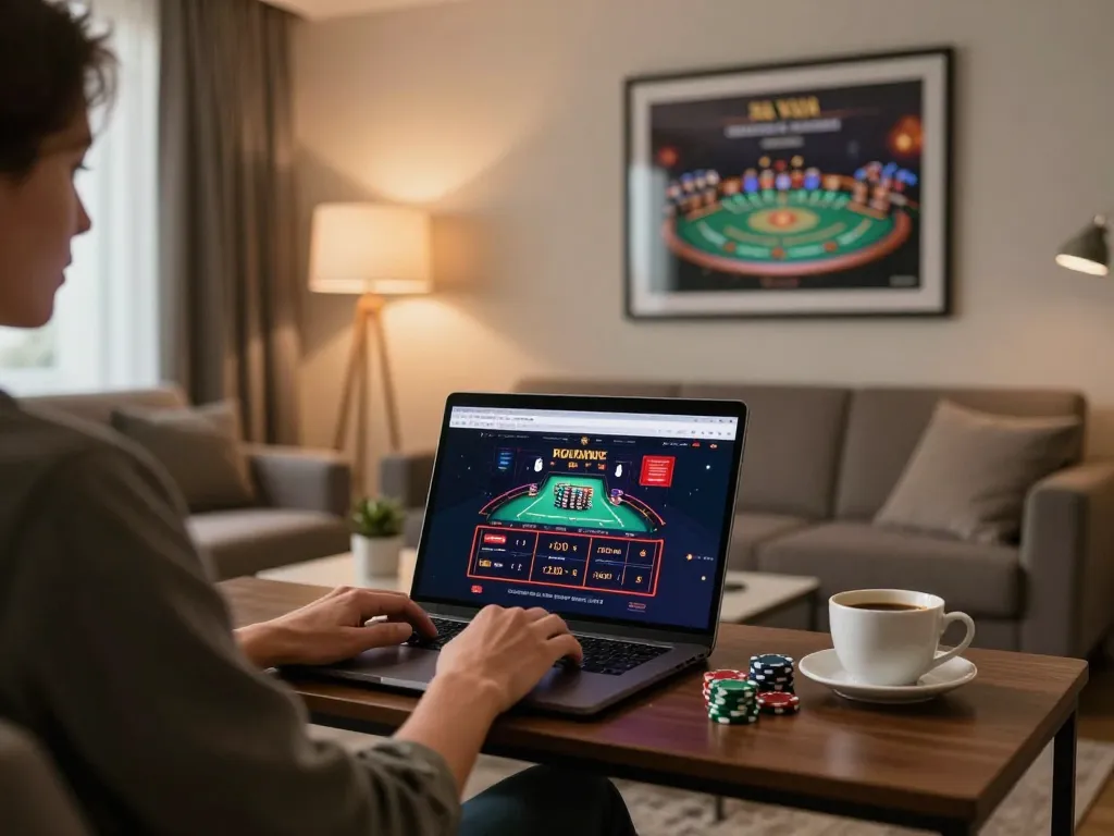 Person strategizing on 888top online casino platform from a cozy living room setting.