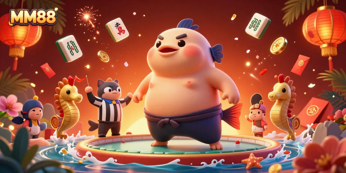 Experience the excitement of MM88 with a vibrant scene featuring a fugu wrestling in an underwater casino.