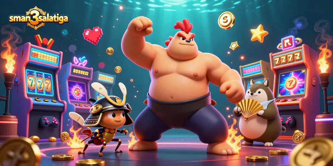 Gambarkan sman3salatiga dengan juara ayam sumo dan juri tanuki di arena slot yang memukau.