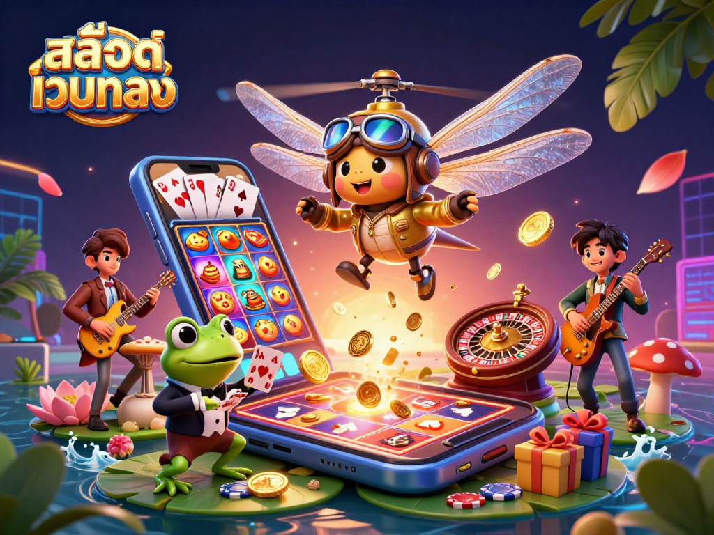 Engage with สล็อตเว็บตรง featuring a cartoon dragonfly pilot, frog croupier, and lively gaming elements.
